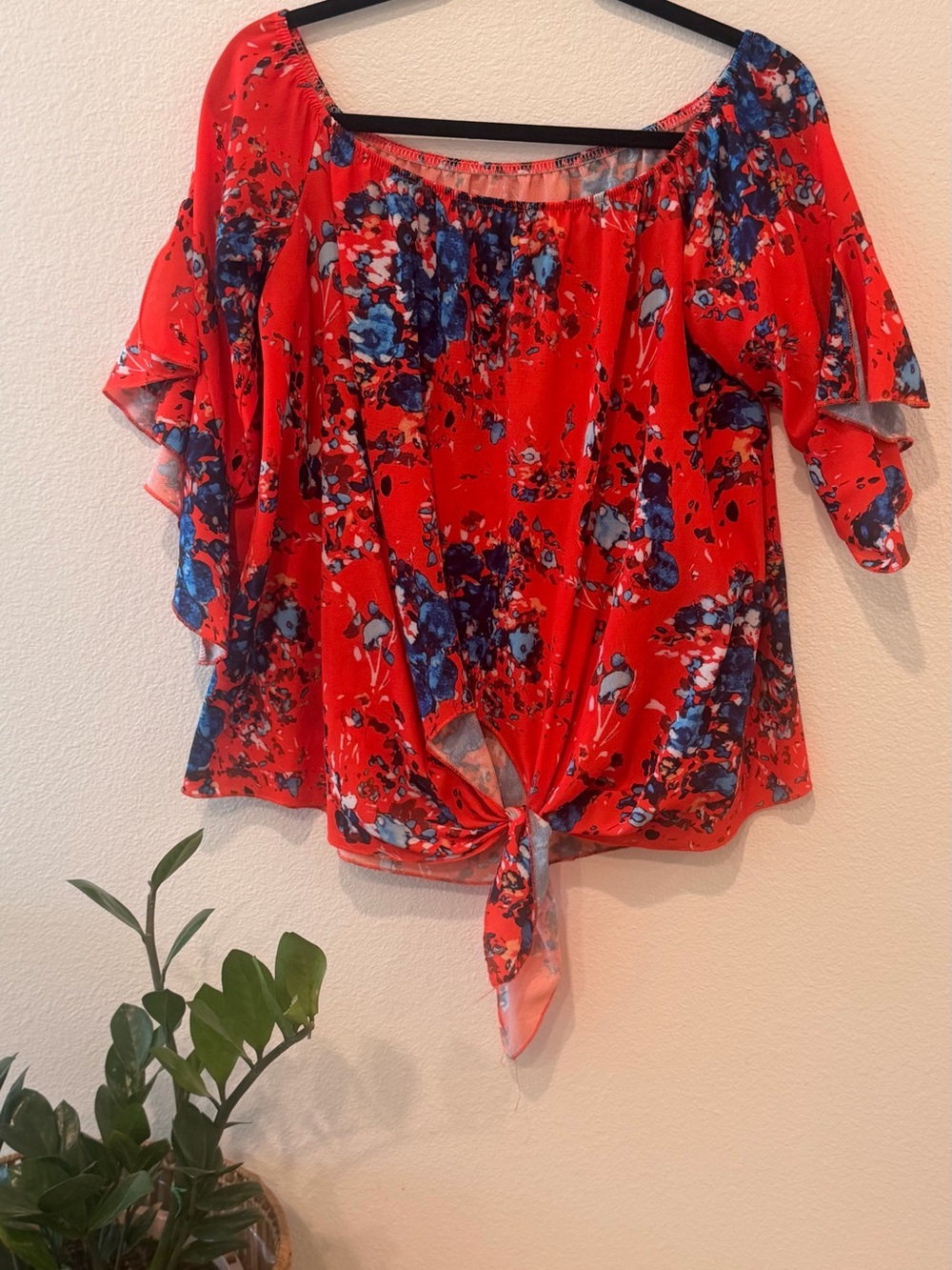 Bright Red Floral Off-Shoulder Tie-Front Blouse